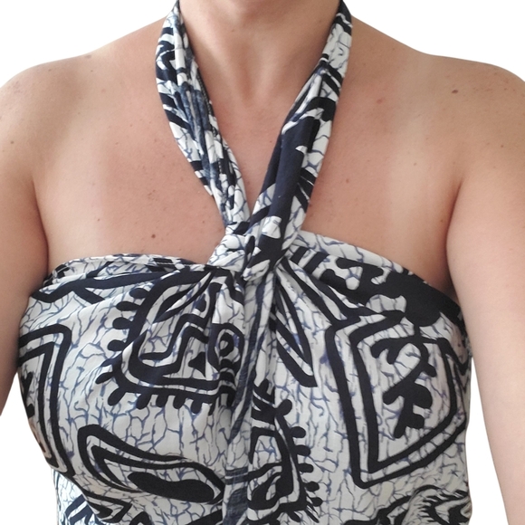 Vintage 70s HUKILAU FASHIONS Hawaiian Floral Tiki Sarong Wrap Dress Blue/Black - Picture 5 of 12